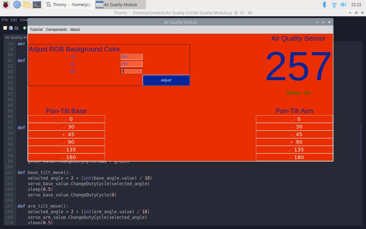 KutluhanAktar's tweet photo. Display the current air quality value and get notified if the MQ-135 detects the occurrence of the air quality deterioration via a #GUI running on @Raspberry_Pi 📺

https://t.co/JTfrRS7xYm

@Hacksterio #code #coding #programming #Python3 #guizero #developer #interface #maker #DIY https://t.co/rvH2wiaSNX