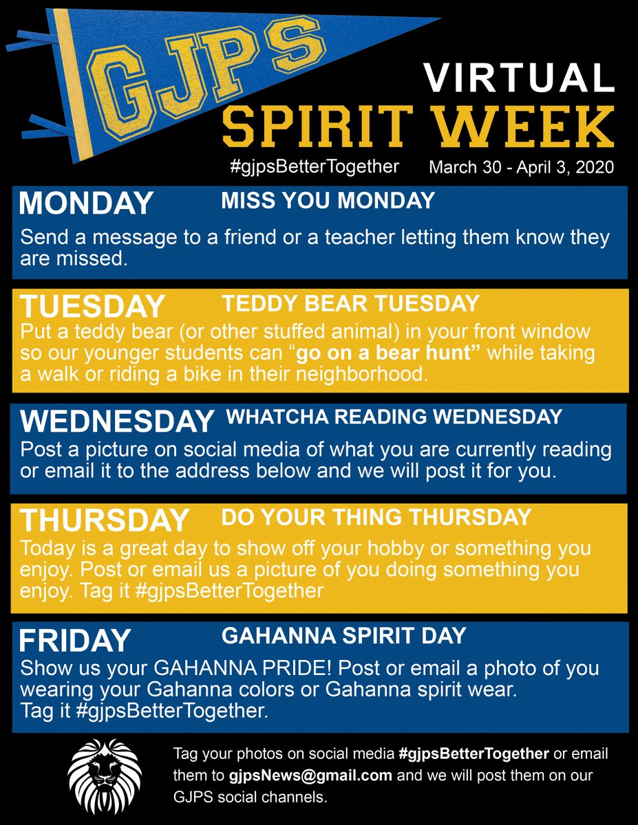 GahannaJeffersn's tweet photo. 📣📣📣Hey Gahanna-Jefferson...as we return to distance learning on March 30 from a very "unique" spring break, let's come together for a district-wide GJPS VIRTUAL SPIRIT WEEK! Show us your GJPS SPIRIT each day &amp; share it on social with the tag #gjpsBetterTogether !  #theGJPSway https://t.co/u1WEjd9sE3