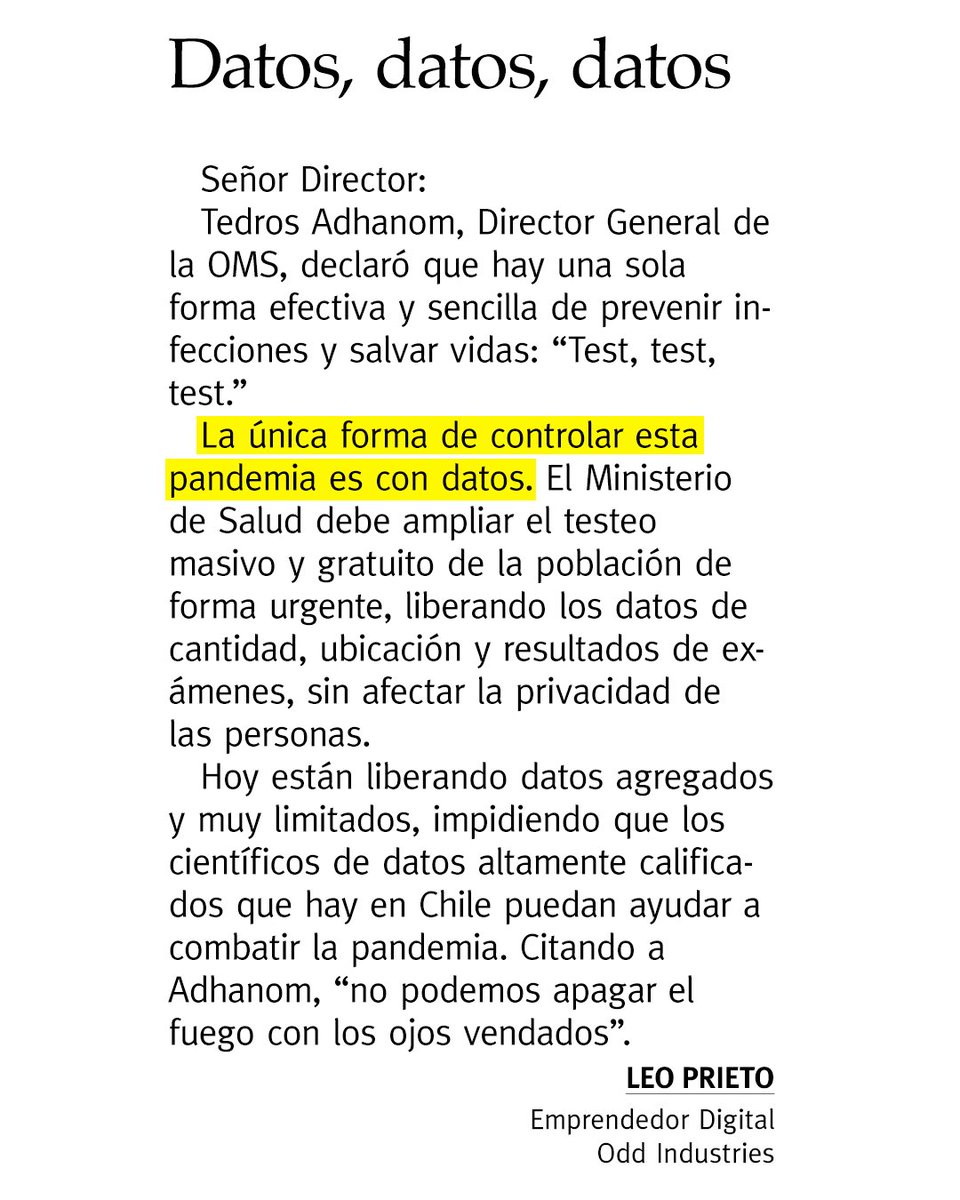 He enviado esta carta a múltiples medios, pero antes de esperar que la publiquen lo hago yo directamente acá. La única forma de controlar esta pandemia es con datos.