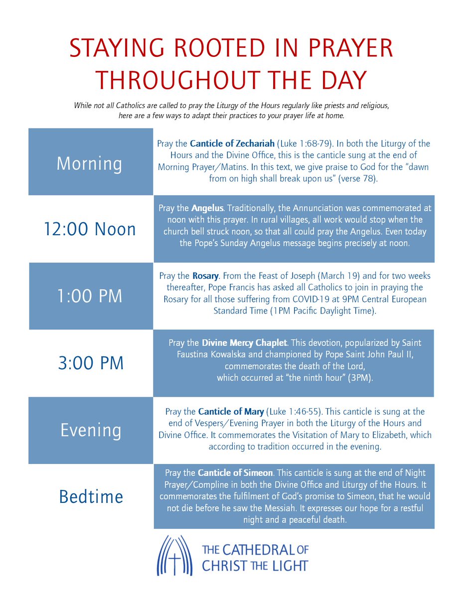 St. Paul exhorts us to "pray without ceasing." While we at home cannot carry out the life of continual prayer as our brothers &amp; sisters in contemplative orders, we can still sanctify the day through regular prayer. Here are a few tips to help us pray throughout the day.