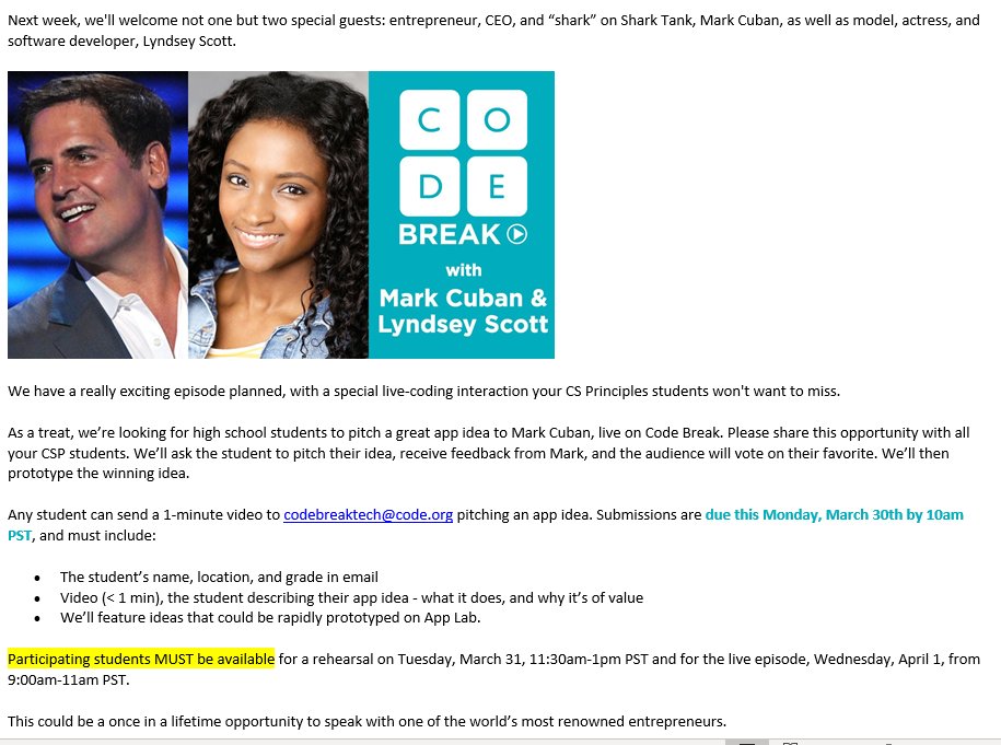 jpudaloff's tweet image. Check out this great opportunity and excitement based on the success of Code Break, Episode 1. Pitch an app to Mark Cuban!! #MiCSTA #APCSP #CSforMI
👇👇👇👇👇👇👇👇