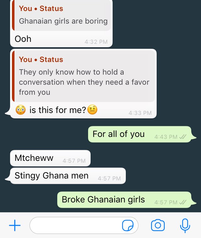 Ghanaian girls are boring...They can& #39;t keep up any convos...Fact.I have plenty evidence.