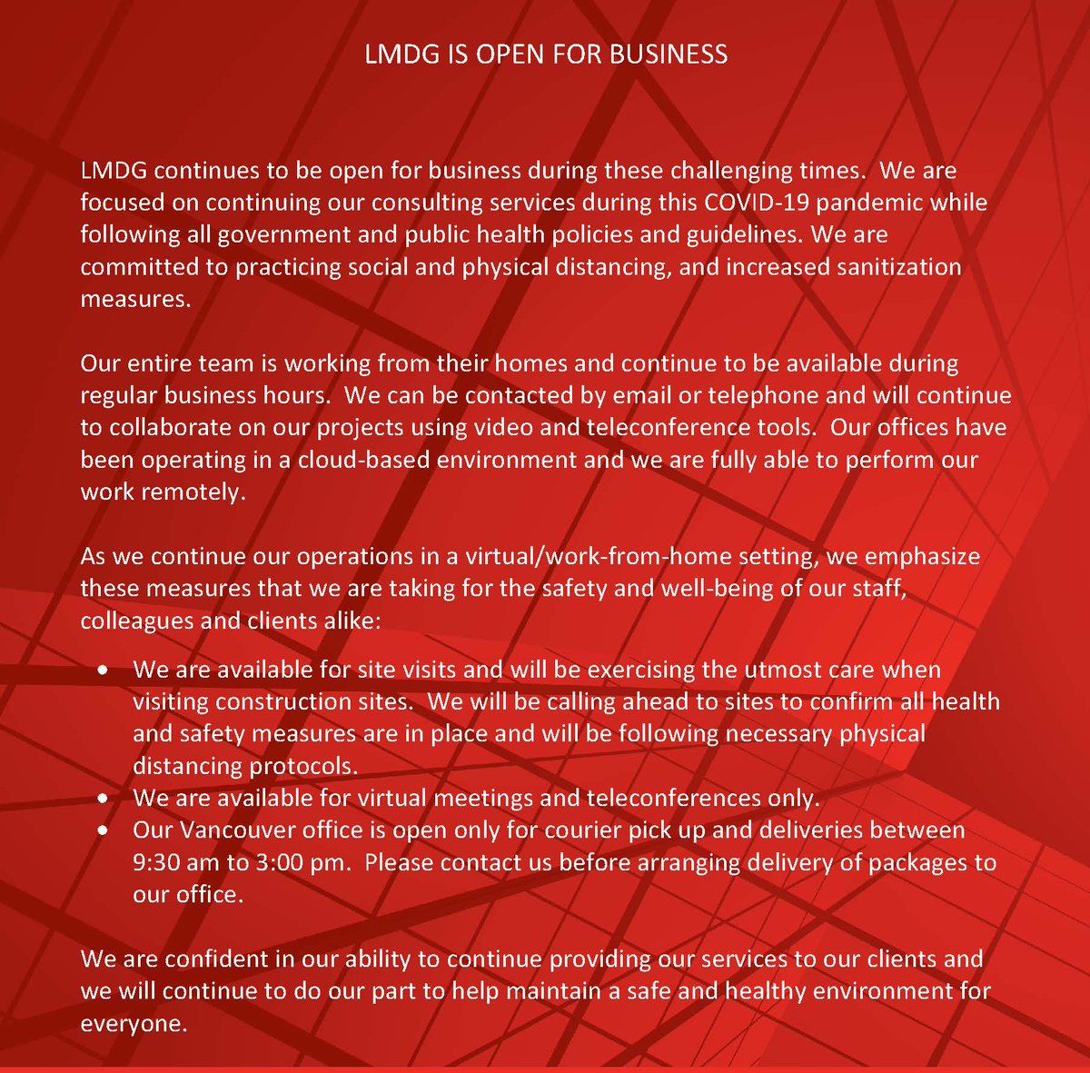 LMDG is fully operational during this challenging time. We want to share the health and safety measures we are taking to ensure the well-being of our staff and clients.