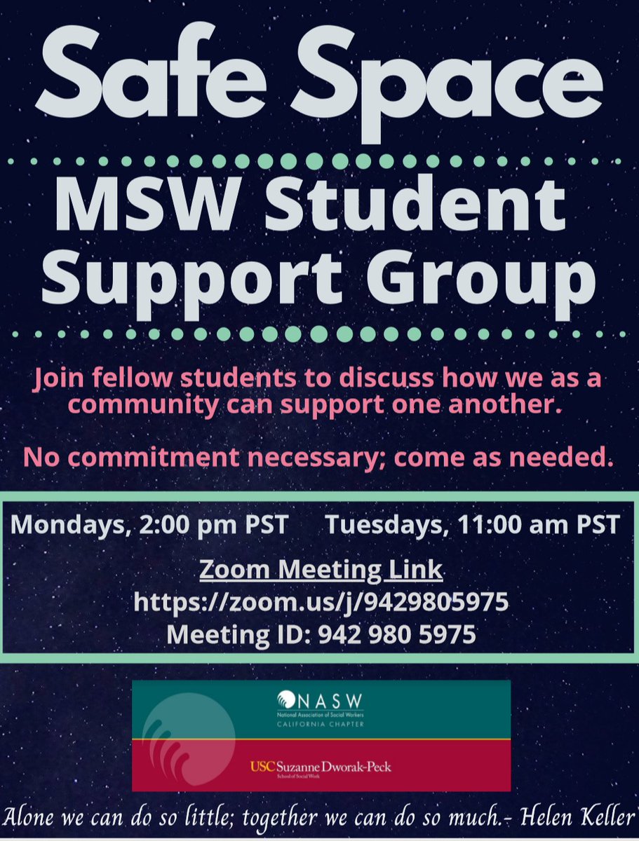 SD_SocialWorker's tweet photo. @nasw please distribute! ALL #MSW students who would like to connect, share ideas, and support one another through a student driven idea. This is a fabulous example of #StudentsPersisting in our chaotic times! @zoom_us @uscsocialwork #MacroSW https://t.co/9eLepxOhQs