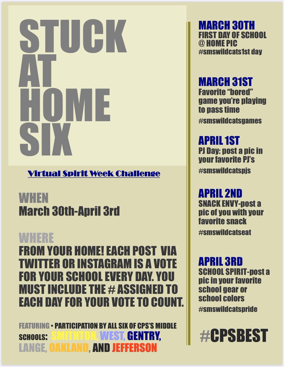 It's <a href="/sms_wildcats/">SMS Wildcats</a> time to show that they are the best middle school in the district! #cpsbest Middle School Spirit Competition starts Monday 3/30 #smswildcats
<a href="/BParisi_CPS/">Brenda Parisi</a> @KTurnboughSMS @CPSRuk