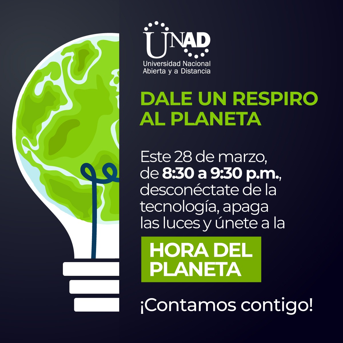 UNAD_ZOCC's tweet photo. #UNADComprometida con la hora del planeta 🌍.
Te invitamos a darle un respiro al mundo y apaga por la naturaleza.
¡Nos necesita, contamos contigo! 💚🌳🌿
#MásUNADMásPaís https://t.co/lxWD3GyjJc