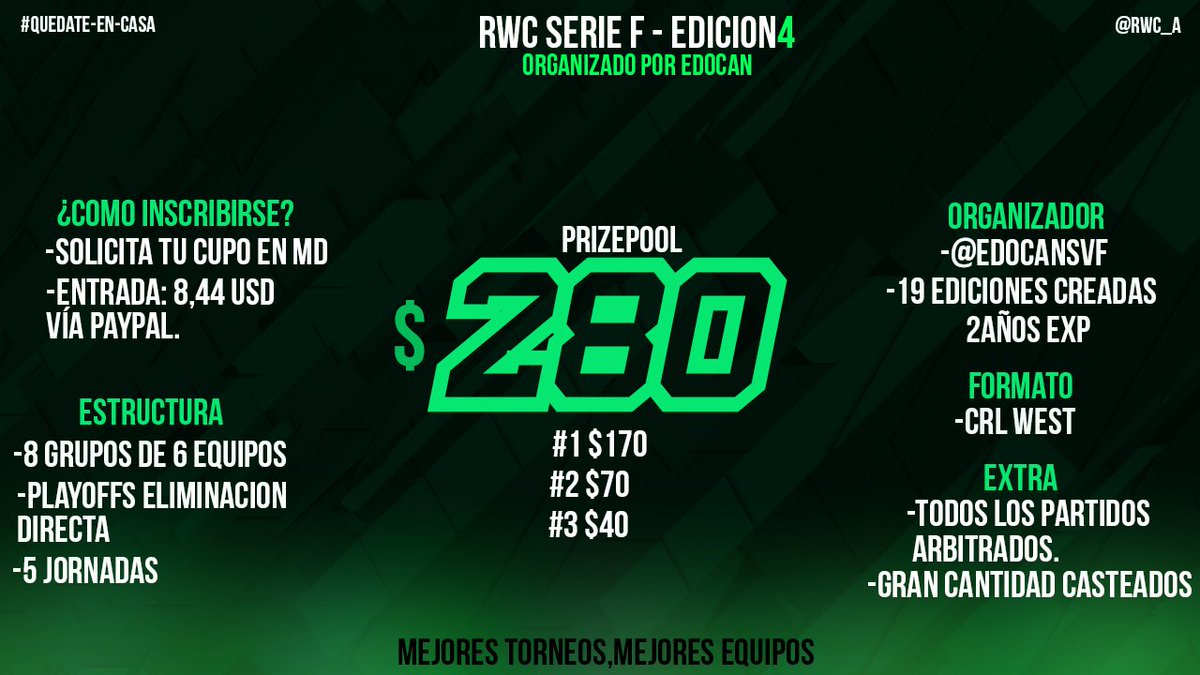 #Inscripciones | Cuarta Edición

Inscripciones abiertas para esta cuarta edición de la Serie F , nos unimos  a la causa #QuedateEnCasa y les traemos una nueva Edición

💵Inversión: 8.44 USD
💰Prizepool: 280 USD

✅Arbitraje todos los partidos
🌎🌍Latam y Europa
-Fase de Grupos