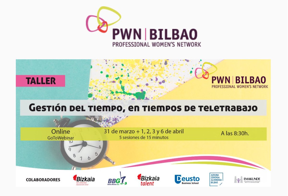 PWNBilbao's tweet photo. ¿Cómo llevas el #teletrabajo?

Para ayudarte a gestionar mejor tu tiempo, hemos preparado este webinar gratuito.

El propio #taller, el mejor ejemplo 😉: 5 sesiones de 15 minutos.

¡Anímate! ⏰💞 https://t.co/xGbfEqQbG5 #productividad @CoachingFactor https://t.co/NGFrvgWG0e