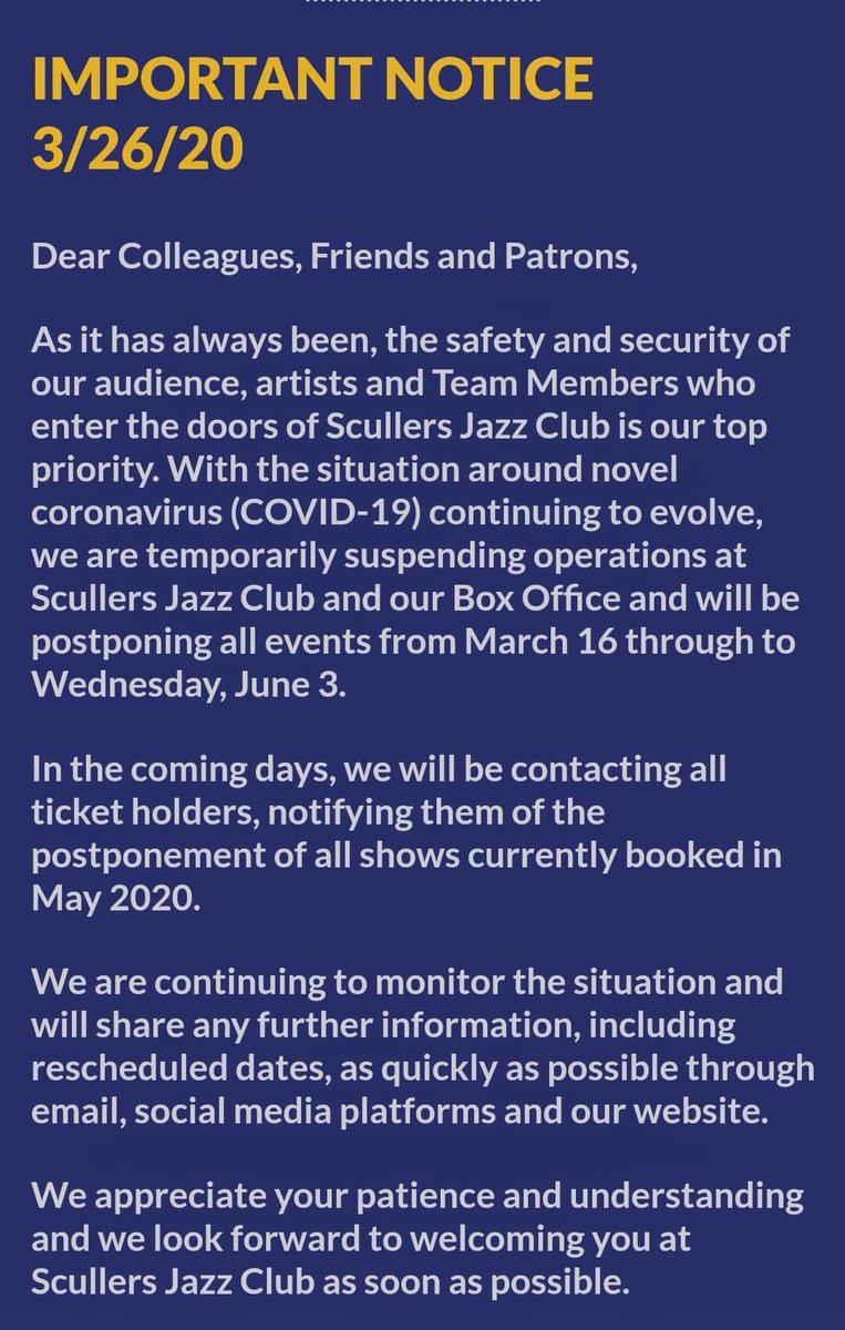 ScullersJazz's tweet photo. We are doing everything we can to get to the other side of this thing as quickly as possible. 
Everyone stay well &amp; stay home... 
Especially to all the artists we will have to reschedule! Go to their pages and and buy their music, ASAP!

 Scullers Jazz Team  🎶🌎👊🏽 https://t.co/db2j9GYaGR