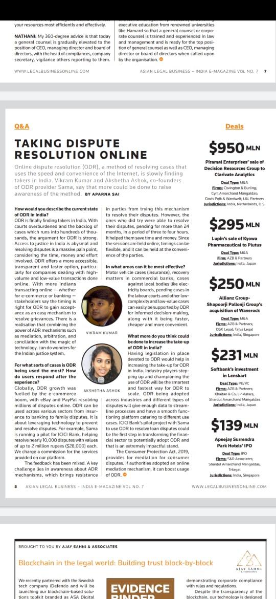 Thomson Reuters's magazine- Asian Legal Business covered an interview of Akshetha Ashok and Vikram Kumar(@_vikram1),  co-founders at Sama, on the potential of Online Dispute Resolution (ODR) in India.
To know more about Sama, click here: sama.live
or info@sama.live