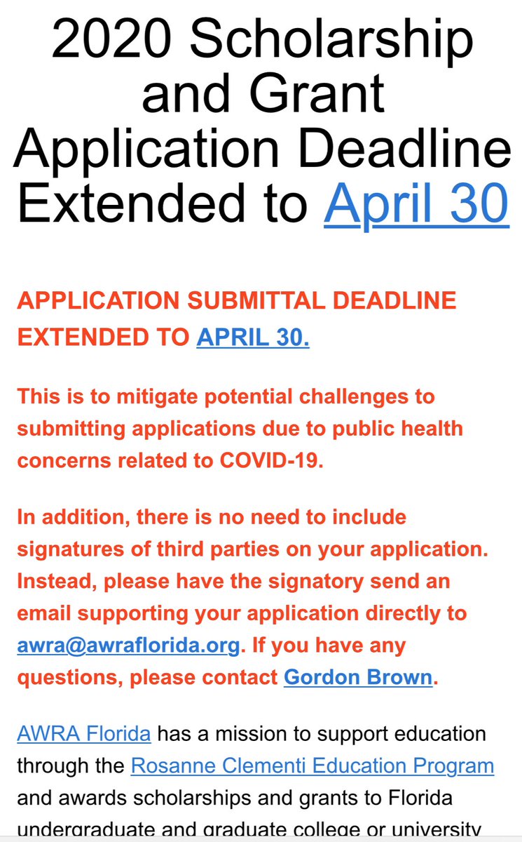 Students and Teachers— AWRA FL scholarship application deadline has been extended until April 30th!