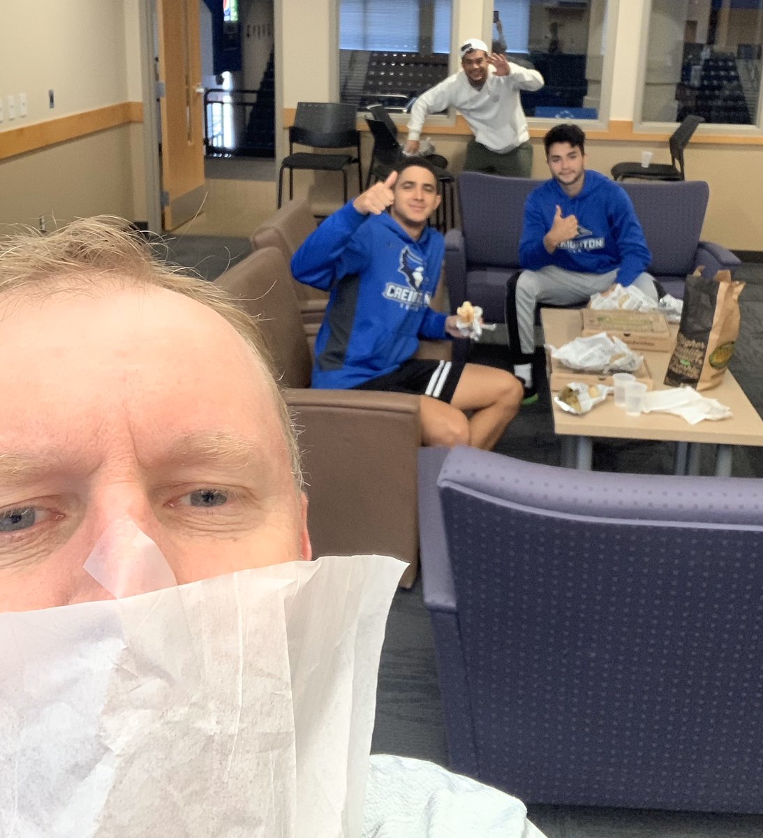 creightontennis's tweet photo. Had a nice Picklemans lunch with Jose, Dani and Armando. Lots of hand washing and social distancing were involved. #QuarantineLife #picklemans #bluejays https://t.co/xcti7DnCaS