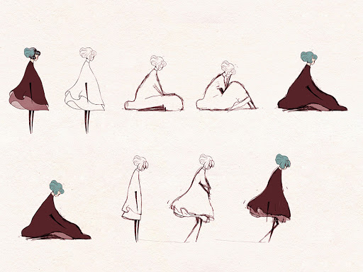 Mais aussi au personnage principal, le travail pour animer Gris ayant pris 1 mois complet. La recherche a débuté par un rendu très organique et non réaliste du vêtement, avant que de multiples itérations la conduisent à un résultat plus minimaliste au cerne noir.