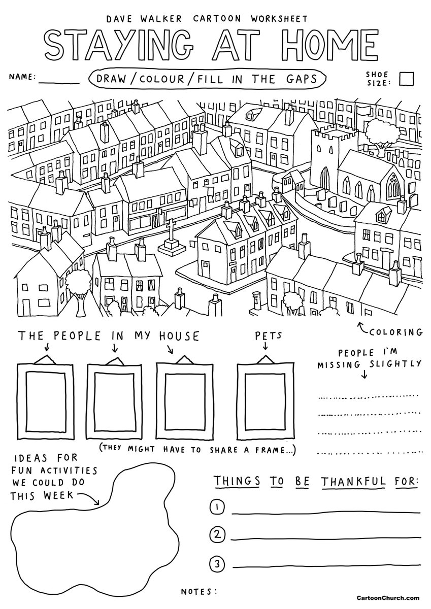 A new lockdown worksheet: 'Staying at home'. 
Free for individuals and families to print off and use.
Churches - licences on a 'what you can afford' basis.
Details and to download: cartoonchurch.com/content/cc/sta…