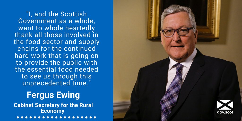 ScotGovNetZero's tweet photo. Rural Economy Secretary @FergusEwingMSP has paid tribute to everyone working in the Scottish food industry – producers, manufacturers, distributors, wholesalers and retailers - for ensuring essential products continue to reach people and communities all across the country. https://t.co/2Av69jiCCk