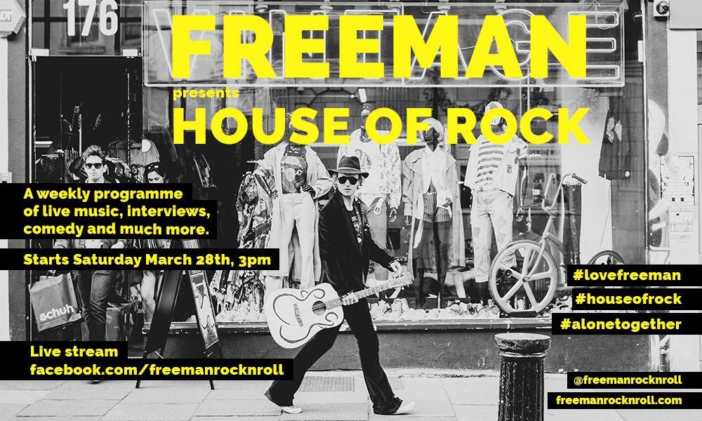 #houseofrock tomorrow 3pm live on facebook.com/freemanrocknro….  Live entertainment, chat, messages of support about these isolating times and MUSIC, live music from my rock pad right into your homes.  Join me 3pm tomorrow and take part in the show #lovefreeman #alonetogether