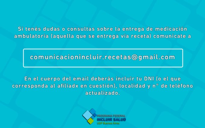 📢 Sólo se responderán consultas sobre medicación ambulatoria. Para realizar otra consulta, dirigirse por los canales habituales.

En el cuerpo del email deberás incluir:

👉DNI del afiliadx
👉Localidad 
👉N° de teléfono actualizado. 
👉Dirección actualizada

#CuidarteEsCuidarnos