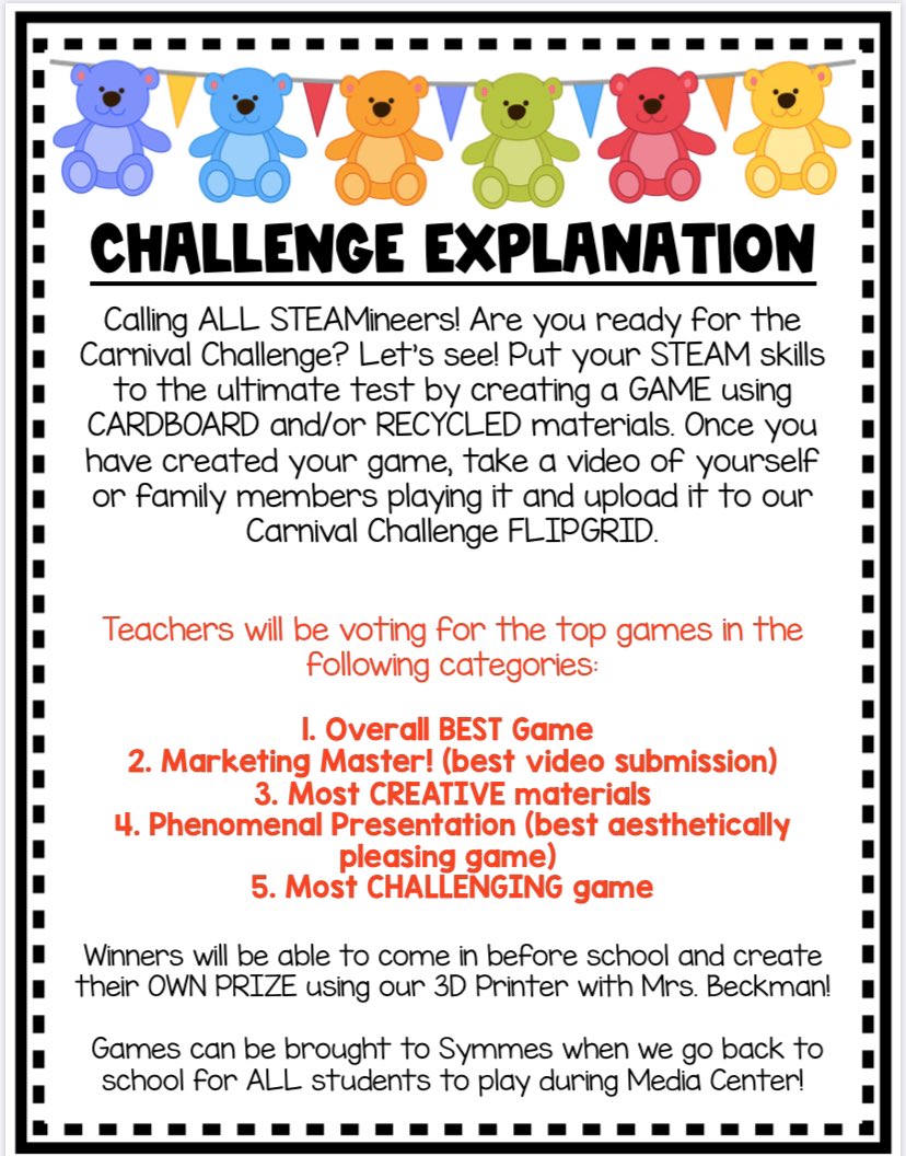 Starting this Monday I will be posting one optional design challenge a week for students! First up: The Carnival Challenge! Read the explanation below to get a head start :) More to come on Monday...#sharingourstory #remotelearning <a href="/SymmesElem/">Symmes Elementary</a>