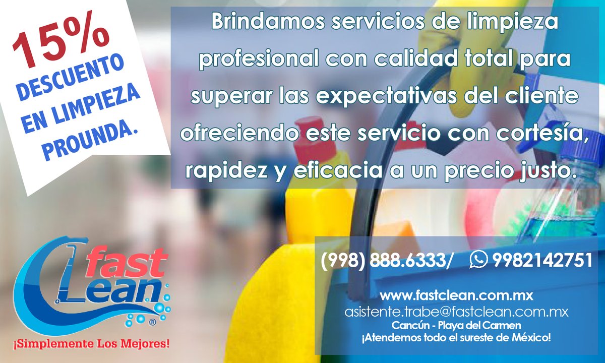 FastCleanCUN's tweet photo. Tenemos servicios de #limpieza profunda.

Aprovecha nuestra promoción del 15% de descuento.

✅¡Contáctanos! 😀👍
https://t.co/QHTrplMLeu https://t.co/p5icG1BGbR https://t.co/k8PRILjgh1
📞(998) 888 📱6333/9982142751 asistente.trabe@fastclean.com.mx https://t.co/6OXzpLpsMk