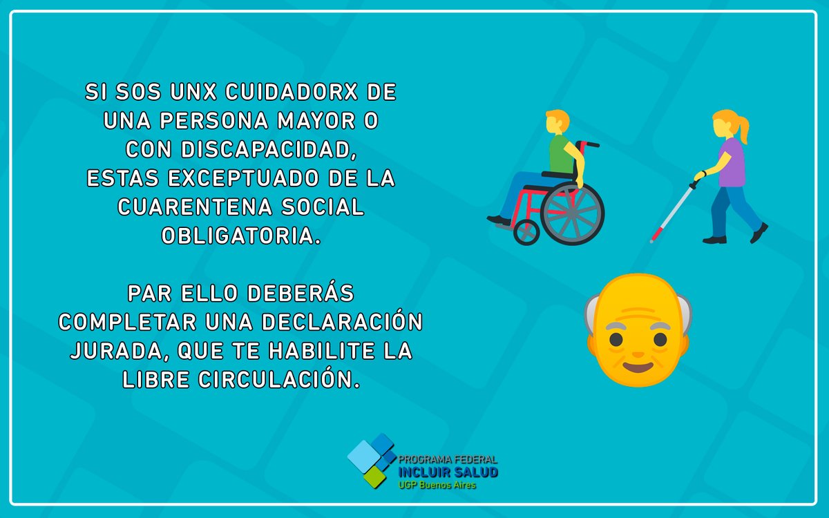 ⚠ Si sos cuidadorx de una persona mayor o con discapacidad, ya sea unx profesional o unx familiar a cargo, podés acercarte a la delegación más cercana y realizar tus gestiones correspondientes.

👉Conocé más en incluirsalud.gba.gob.ar/?p=2435

#CuidarteEsCuidarnos