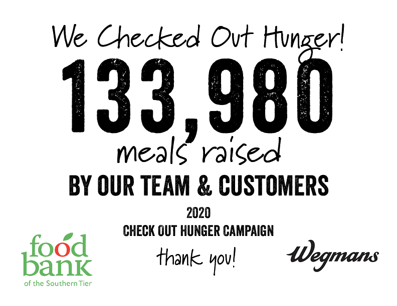TourdeKeuka's tweet photo. Thanks to shoppers and staff at Elmira Wegmans for helping feed our neighbors in need during this year’s #CheckOutHunger campaign! Shoppers gave enough to help provide 133,980 meals for those struggling with food insecurity. #ThankFULL #HungerHeroes https://t.co/9H7ayvhwZq