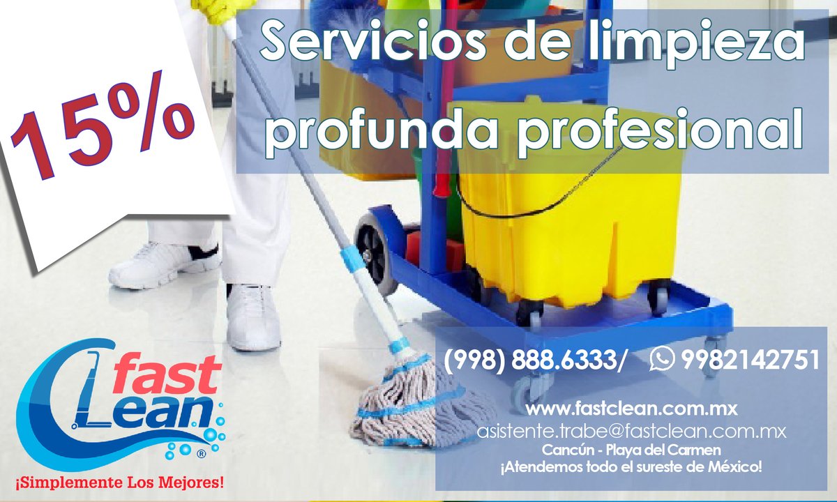 FastCleanCUN's tweet photo. Para todos los servicios de limpieza que requieras, tenemos una solución.

Aprovecha nuestra promoción del 15% de descuento.

✅¡Contáctanos! 😀👍
https://t.co/QHTrplv9PU https://t.co/k8PRILAR8z
📞(998) 888 📱6333/9982142751 asistente.trabe@fastclean.com.mx https://t.co/EAJmq6KPI4