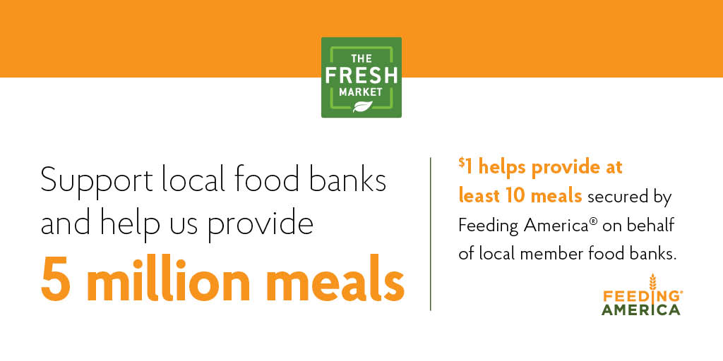 TheFreshMarket's tweet photo. With COVID-19 closing schools and disrupting jobs, more people will turn to food banks. Join The Fresh Market in our Five Million Meal Mission to raise funds for @FeedingAmerica.

Through April 30, donate during checkout or online: https://t.co/RfktW9Qr8T

Thank you 💚 https://t.co/GinCjKPvcQ