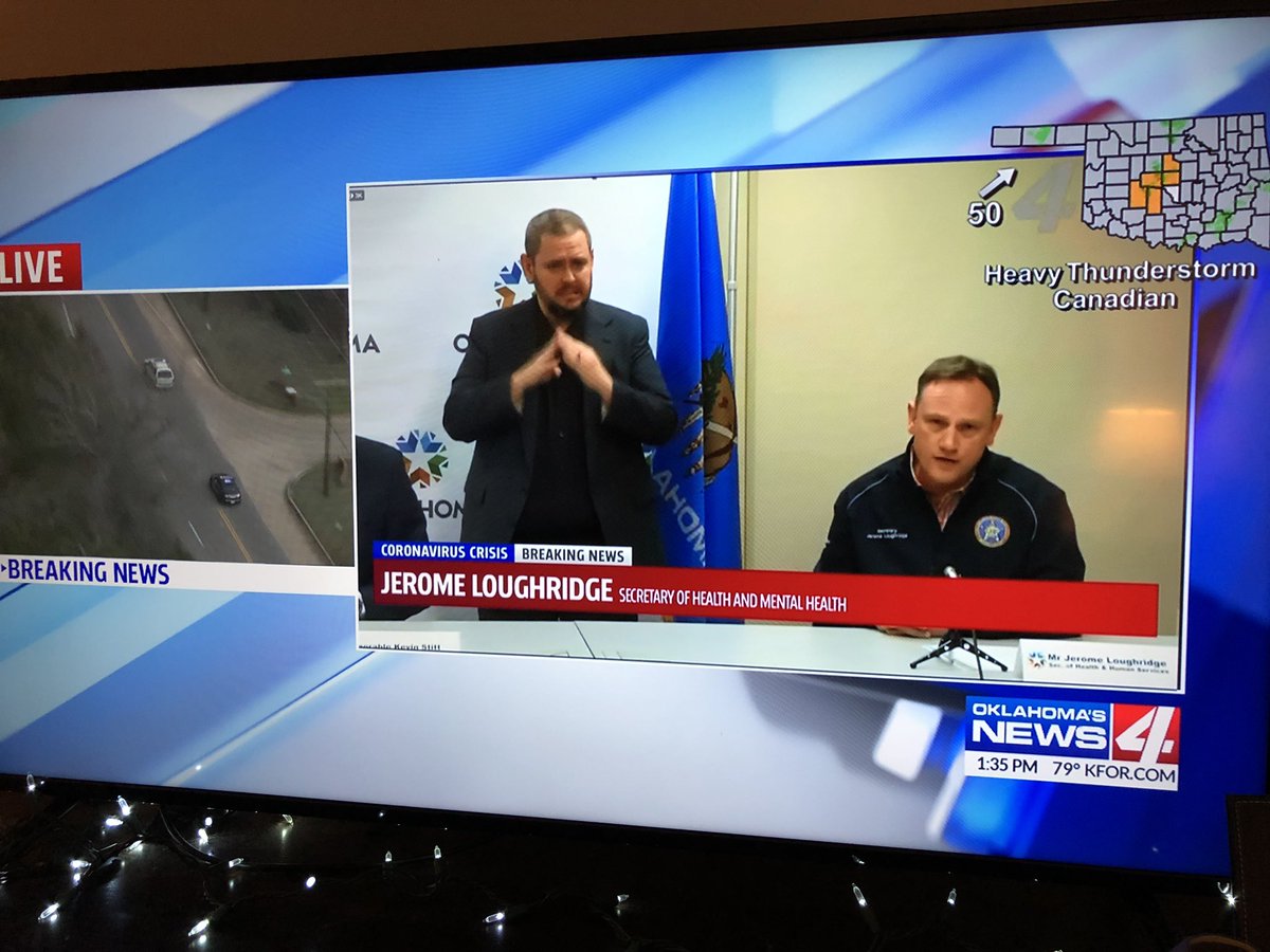 BREAKING: We have hit nirvana in Oklahoma. Stitter COVID presser (right), high-speed police chase (left) and a storm box. Best Friday.