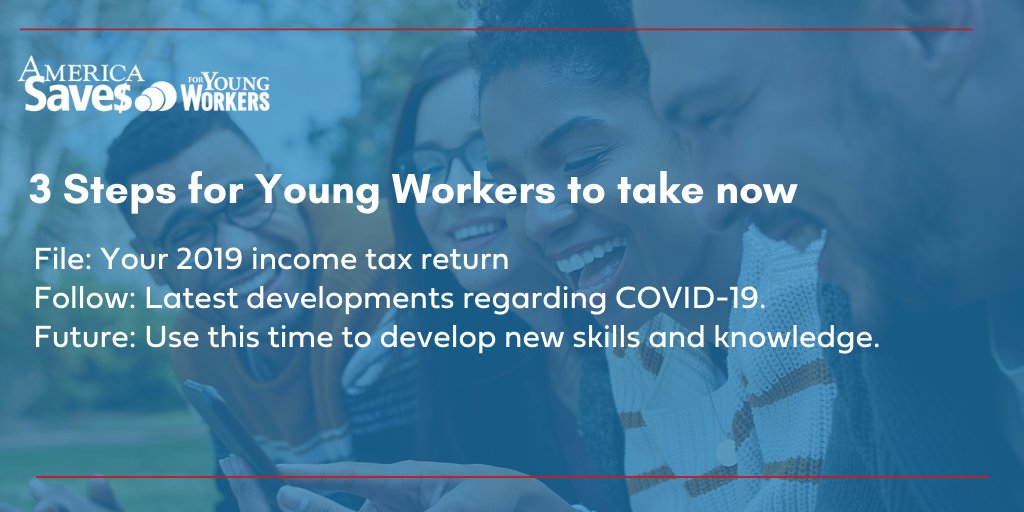 AmericaSaves's tweet photo. If you're a young worker experiencing job loss due to #COVID19, here are 3 actions you can take now:

- File your 2019 income tax return
- Follow latest developments &amp; apply for eligible benefits.
- Future: Develop new skills using free online resources

#ASYW #Unemployment https://t.co/YhjQWPWyOO