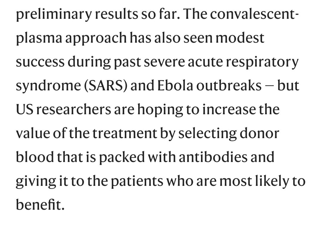 Using blood from survivors instead of vaccines. This isn't new and article states it has been used in the SARS AND EBOLA outbreaks Not clear if this has started but it's something i want to follow up on Read screenshots 