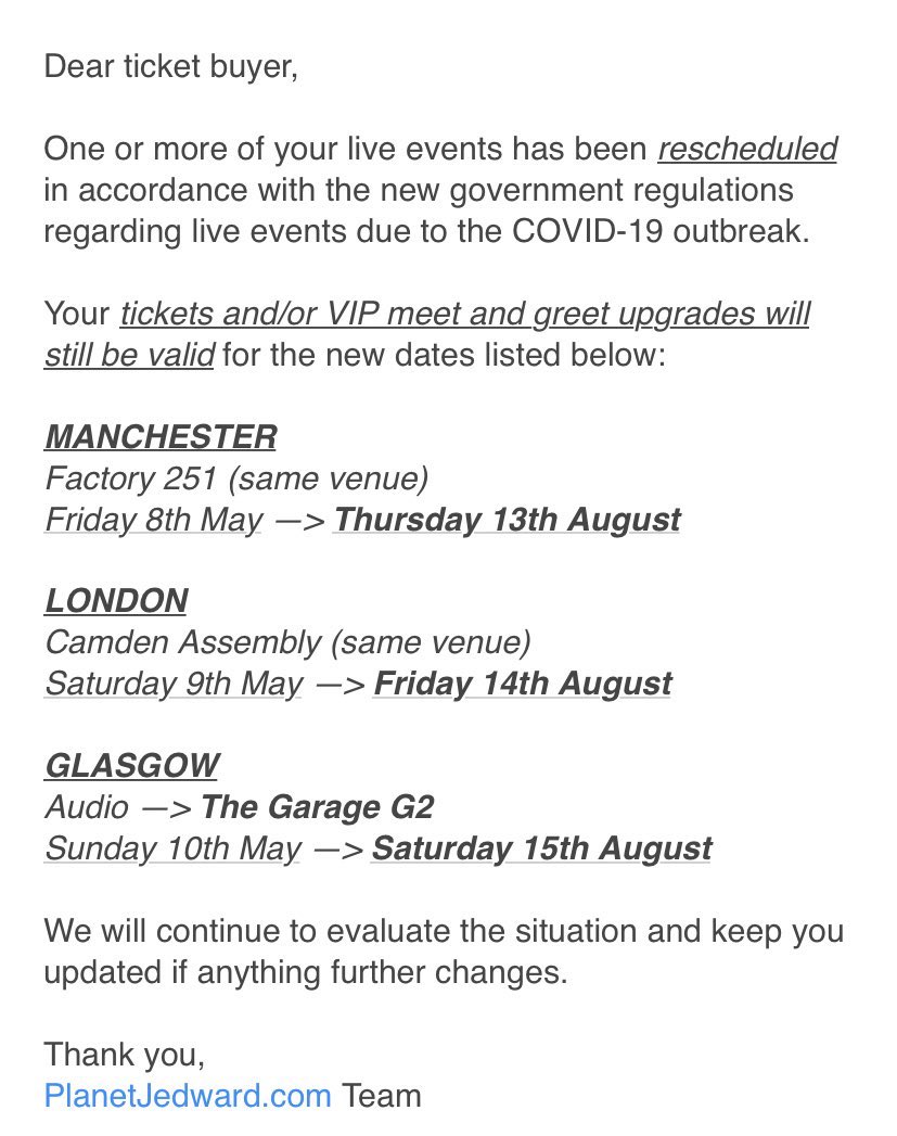JedWorldNews's tweet photo. All @planetjedward’s #VoiceOfARebel rescheduled tour dates have now been released. Note the change of venue for Glasgow from Audio to G2 (same venue as last year’s Glasgow concert). If you’ve bought tickets you should get an email - check your inbox! https://t.co/ecTJbyw3q9