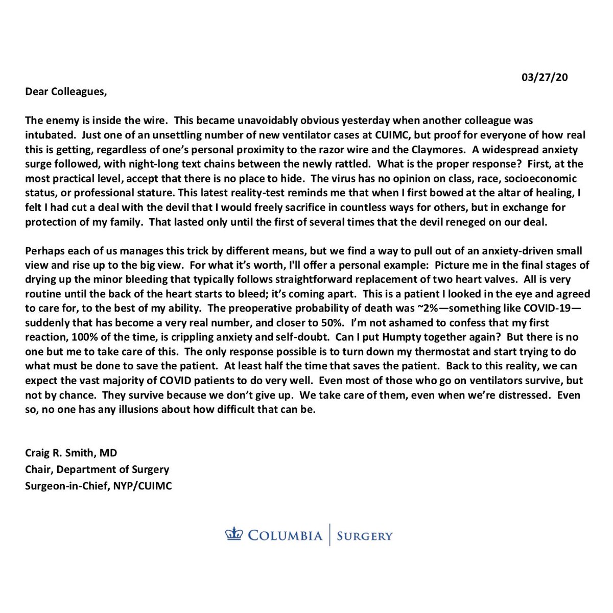 COVID-19 Update: Friday, 3/27/20Here is the latest  #COVID19 crisis update from Dr. Smith:  https://columbiasurgery.org/news/covid-19-update-dr-smith-32720 (all previous updates linked too)