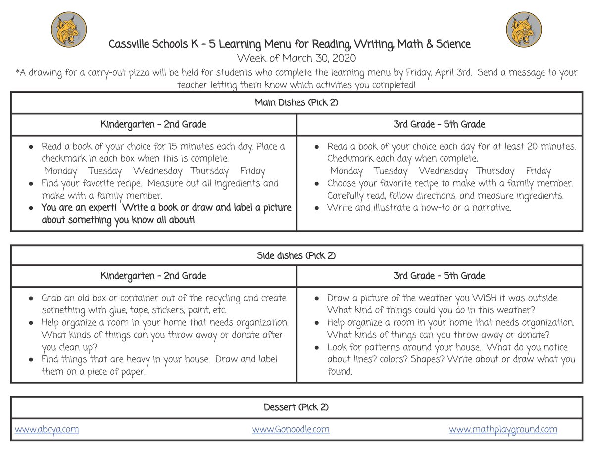 CassvilleSchool's tweet photo. Pictured, K - 12 Learning Menu: Week of 3/30
A drawing for a carry-out pizza will be held for students who complete the learning menu by Friday, April 3rd.  Send a message to your teacher letting them know which activities you completed! https://t.co/2n3NPMdXfG