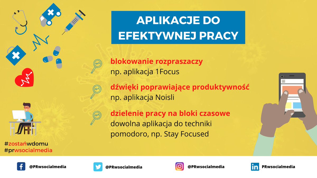 prwsocialmedia's tweet photo. #Aplikacje do efektywnej pracy to ratunek w czasach #HomeOffice 💡
Nasze typy 🧐
✅ #1Focus 👉 blokowanie stron i #socialmedia
✅ #Noisli 👉 pobudzające produktywność dźwięki
✅ #StayFocused 👉 timer z funkcją dzielenia pracy na bloki czasowe
#zostańwdomu
#PRwsocialmedia https://t.co/jsvDnzTKgS