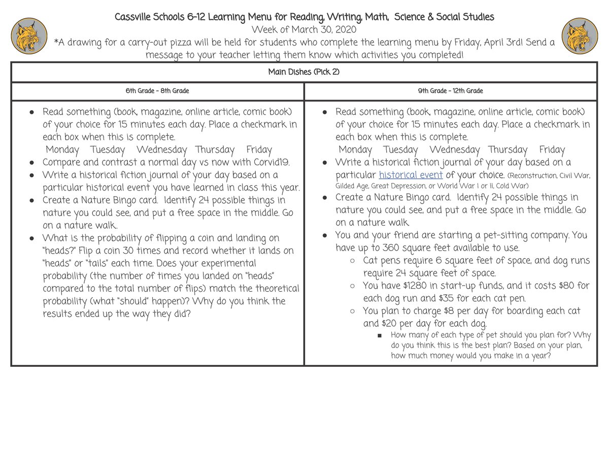 CassvilleSchool's tweet photo. Pictured, K - 12 Learning Menu: Week of 3/30
A drawing for a carry-out pizza will be held for students who complete the learning menu by Friday, April 3rd.  Send a message to your teacher letting them know which activities you completed! https://t.co/2n3NPMdXfG