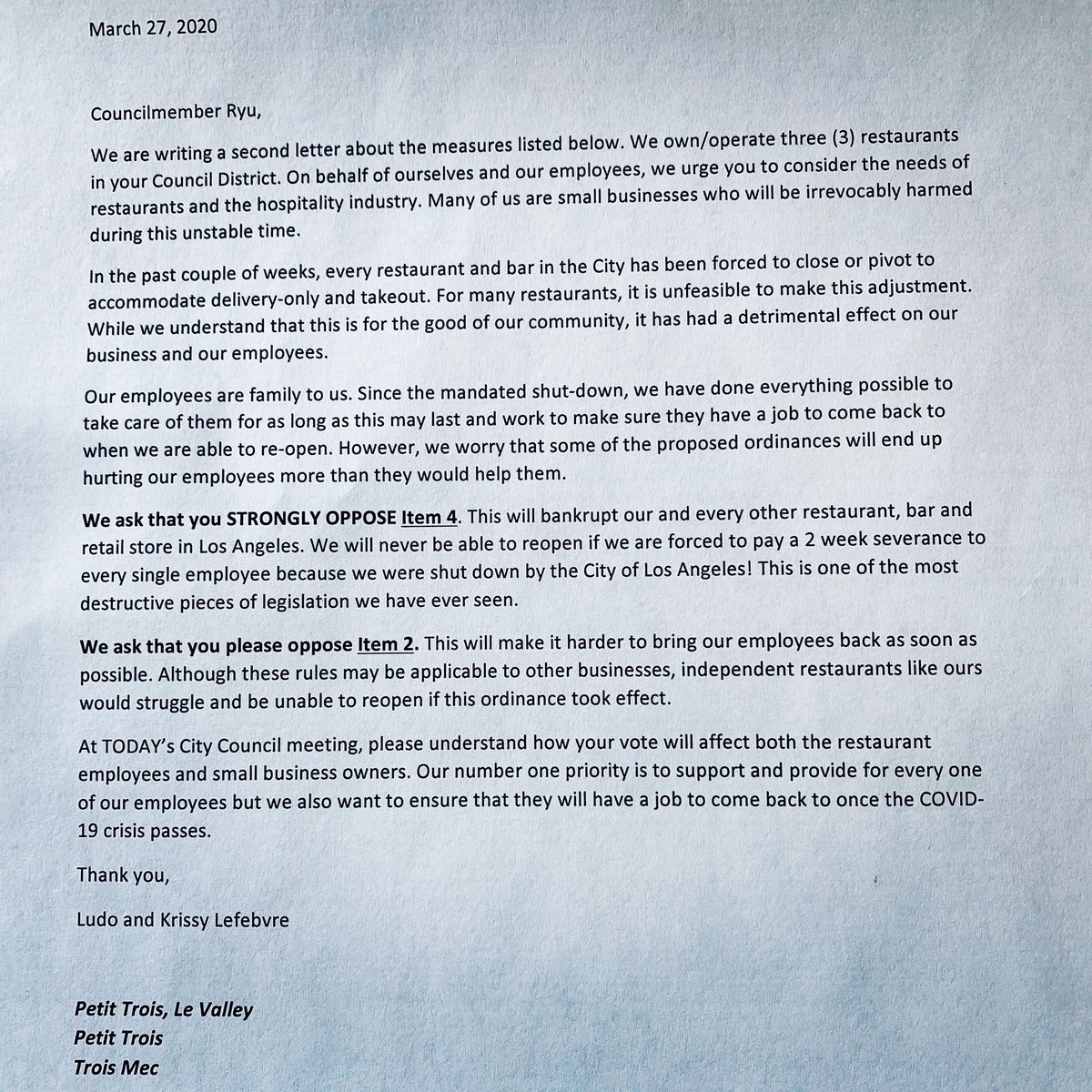 We request you vote to strongly oppose Items 2 &amp; 4 <a href="/davideryu/">David E. Ryu</a> It will bankrupt all small business in Los Angeles. Our restaurants will NEVER reopen if these pass. Cc: <a href="/ericgarcetti/">Eric Garcetti</a> <a href="/JoeBuscaino/">Joe Buscaino</a> <a href="/CD6Nury/">cd6nury</a> <a href="/gilcedillo/">test h1</a> <a href="/LadyMRod/">Monica Rodriguez</a> <a href="/HerbJWesson/">Herb J. Wesson, Jr.</a> @MitchOFarrell <a href="/LACityCouncil/">LA City Council</a>
