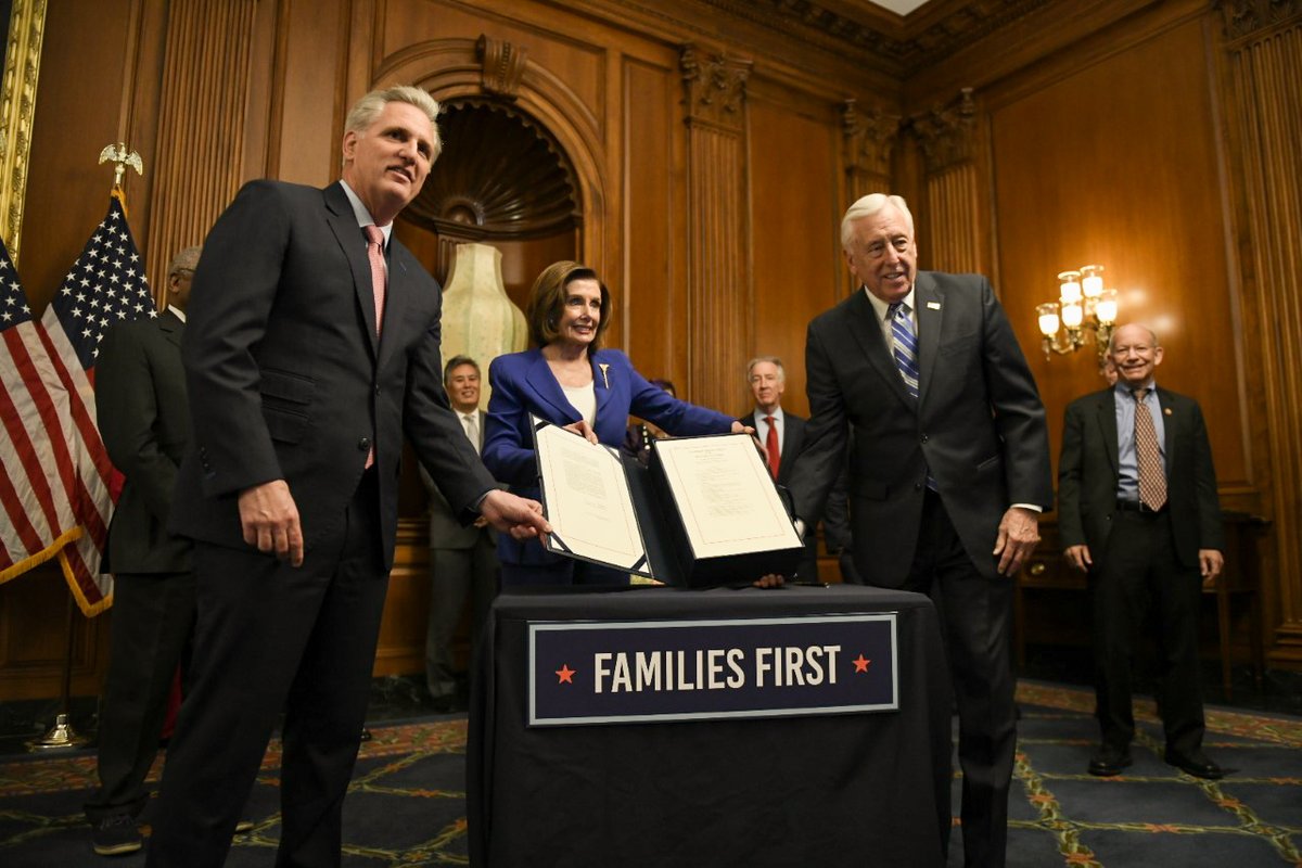 SpeakerPelosi's tweet photo. The House’s passage of the bipartisan #CARESAct sends a clear message: we are all committed to protecting America’s workers and families as our nation confronts this public health crisis. #FamiliesFirst https://t.co/2WnvA0U9aG