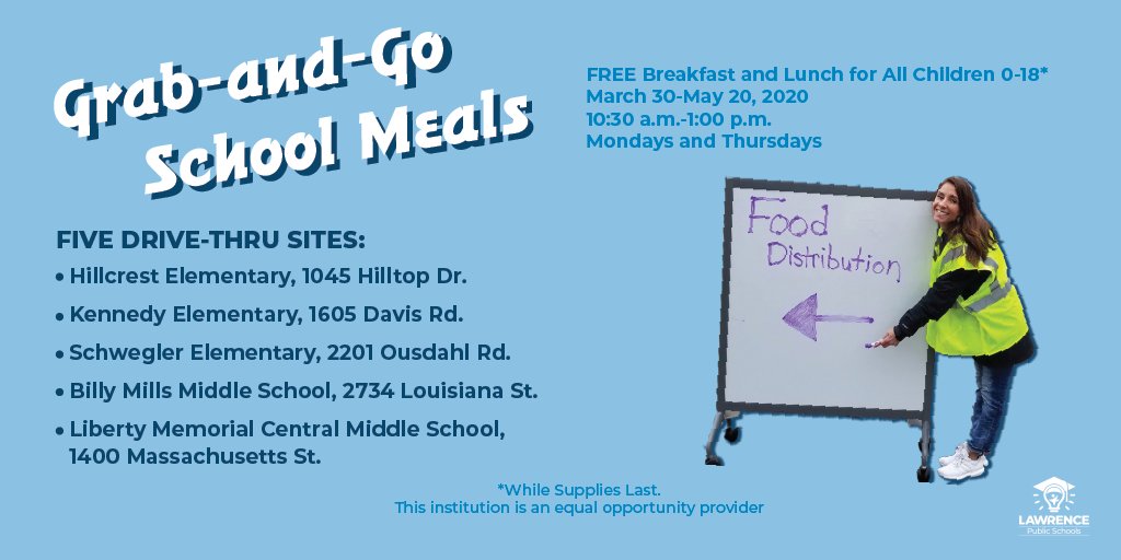 usd497's tweet photo. Following the 'Stay at Home Order' issued for Douglas County to help prevent the spread of COVID-19, Lawrence Public Schools has re-evaluated its community meal service program. 1/8 #AllStudentsOneTeam #DGKSCOVID https://t.co/Zn7CTSqZ0m