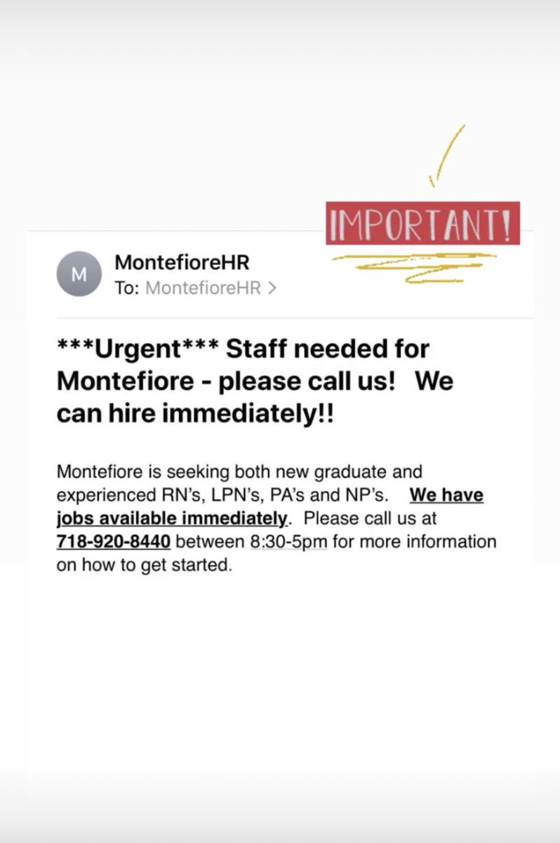 TheVoice30's tweet photo. Montefiore is looking for additional help to combat #COVID19. If you or anybody you know is available to work give them a call. RT and spread the word!! https://t.co/7rpFRoLyeG