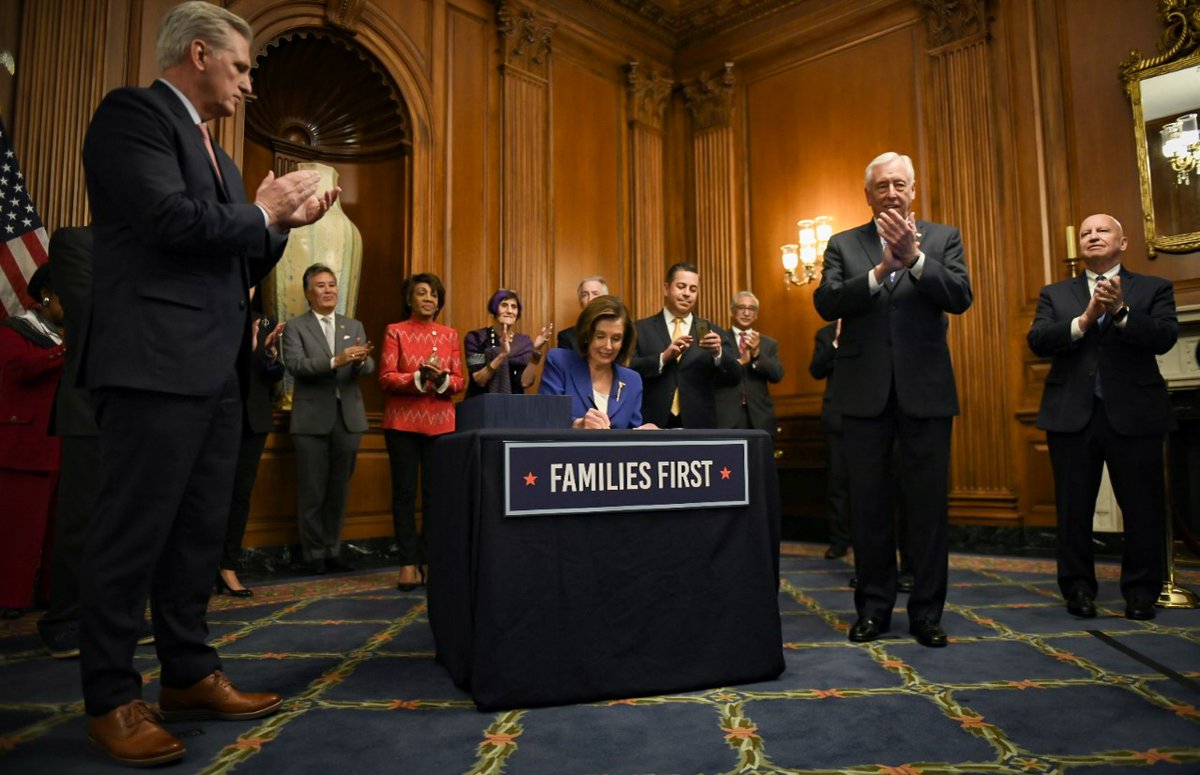 SpeakerPelosi's tweet photo. The House’s passage of the bipartisan #CARESAct sends a clear message: we are all committed to protecting America’s workers and families as our nation confronts this public health crisis. #FamiliesFirst https://t.co/2WnvA0U9aG