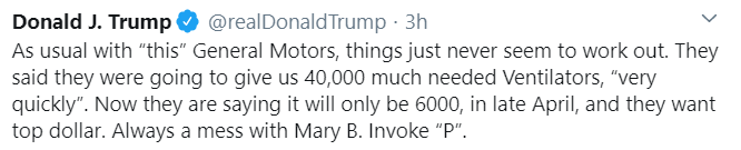 Ternyata Gedung Putih ada kesulitan untuk memaksa perusahaan2 spt GM untuk memproduksi ventilator. Mrk cuma bisa bikin sedikit dgn harga mahal sekali.Gimana ya.. perusahaan mobil disuruh bikin ventilator. 