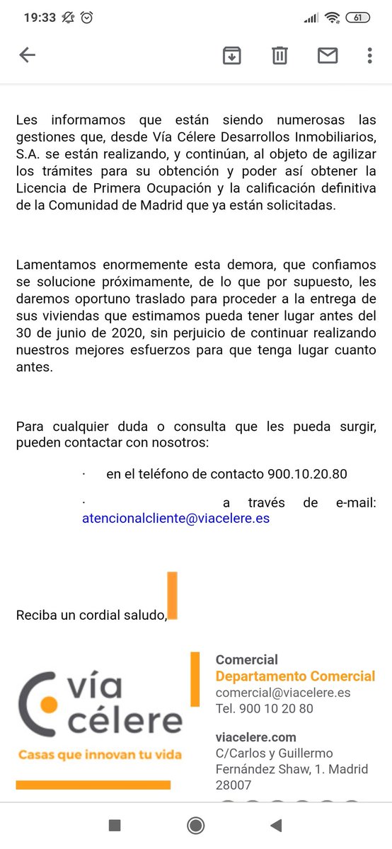 Maxferibar's tweet photo. @viacelere 23/10/2019: @ViaCelere confirma por mail a más de 60 familias que entregarían viviendas en 12/19

27/03/2020 @ViaCelere sin ponerse colorados echan la culpa al #COVID2019

Y hace 2 días ponen #YoMeQuedoenCasa ...Será en la de @Teresamarz @CristinaOntoso porque en la mía,no puedo! https://t.co/OtsVHVVpyf
