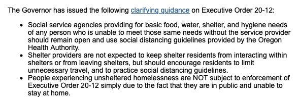 alex_zee's tweet photo. Gov. @OregonGovBrown  has added clarifications to her executive order, noting that homeless Oregonians won't be penalized for not "staying home." https://t.co/A95AXdr0q9