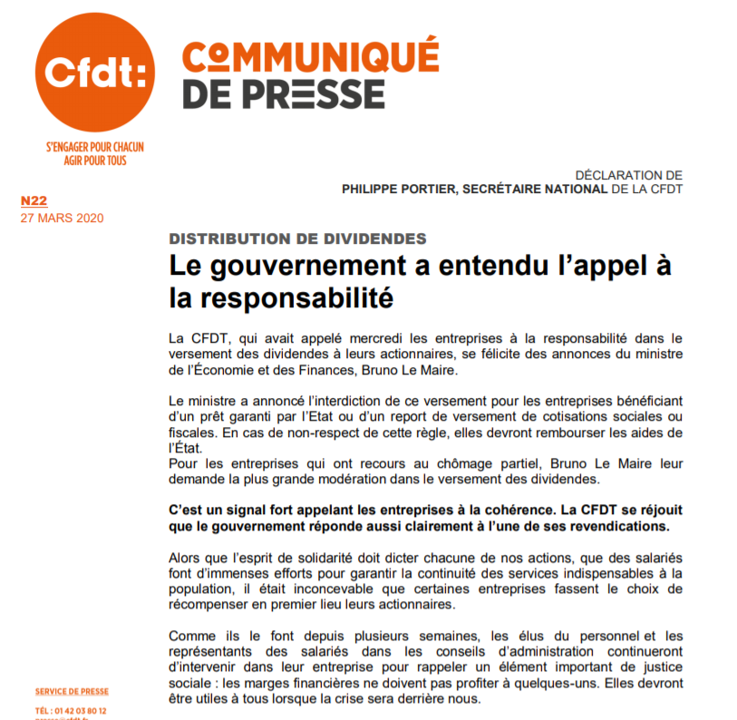 CFDT's tweet photo. || COMMUNIQUE DE PRESSE || @BrunoLeMaire a annoncé l’interdiction du versement des #dividendes pour certaines entreprises. La @CFDT se réjouit que le gouvernement réponde aussi clairement à l’une de ses revendications.

https://t.co/J6LkoGISBC https://t.co/4tLkOLM6xn