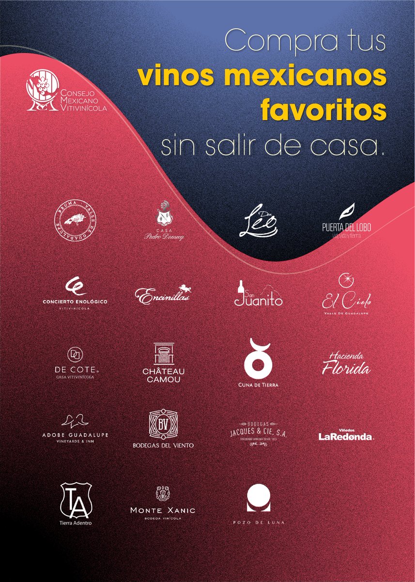 Hoy más que nunca, ¡#EligeVinoMexicano!

Disfruta en casa los mejores vinos nacionales.

Te invitamos a revisar la oferta de etiquetas que los asociados del Consejo Mexicano Vitivinícola de venta en línea.