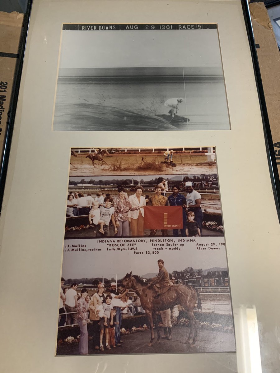 Kerns_Korner's tweet photo. Day 10 from the basement: 1981 was the year. River Downs was the place. Jockey Bernon Sayler is literally standing on Roscoe Zee’s head going across the finish line. Zoom in to see. Looks like the horse falls in the mud on his way to victory! #HorseRacing #RiverDowns https://t.co/gbys3Igsgp