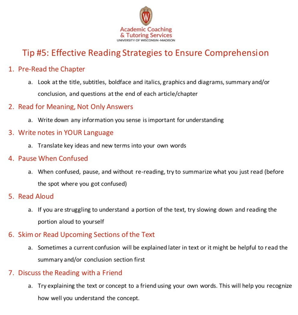 UWACTS's tweet photo. Tip #5 of the week to adjust your study habits to covid-19 focuses on reading strategies which is helpful all around and post-covid-19! #onlinelearning #onwisconsin👐 https://t.co/NGbu1mCVS7