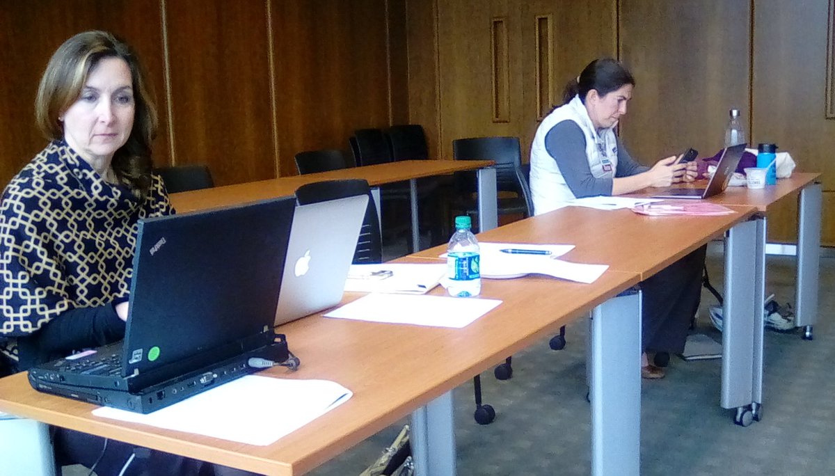 UWIPCE's tweet photo. Women's Health Care Update co-chairs Carolyn Gardella, MD, MPH, and Alson Burke, MD, @alsonburke monitor a remote Zoom presenter for the online webinar. Practicing social distancing! #cme #womenshealth #SocialDistancing https://t.co/Hl6Xs0QoYu