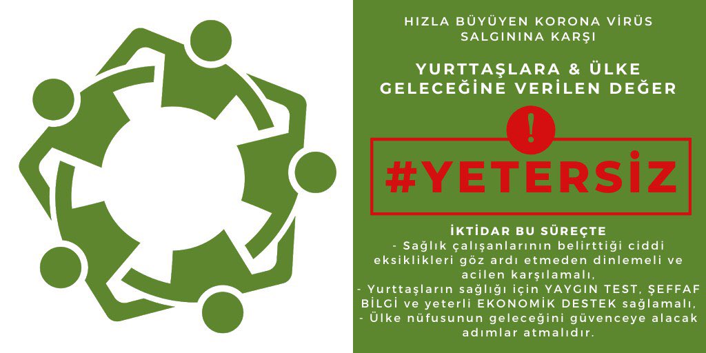 Biz değersiz değiliz, iktidarın bizim canımıza, hayatımıza verdiği değer #Yetersiz 

O yüzden

Testler
Koruyucu Malzeme
Hastane Kapasitesi
Bilgi
Şeffaflık
Kurumlarla İşbirliği

#Yetersiz