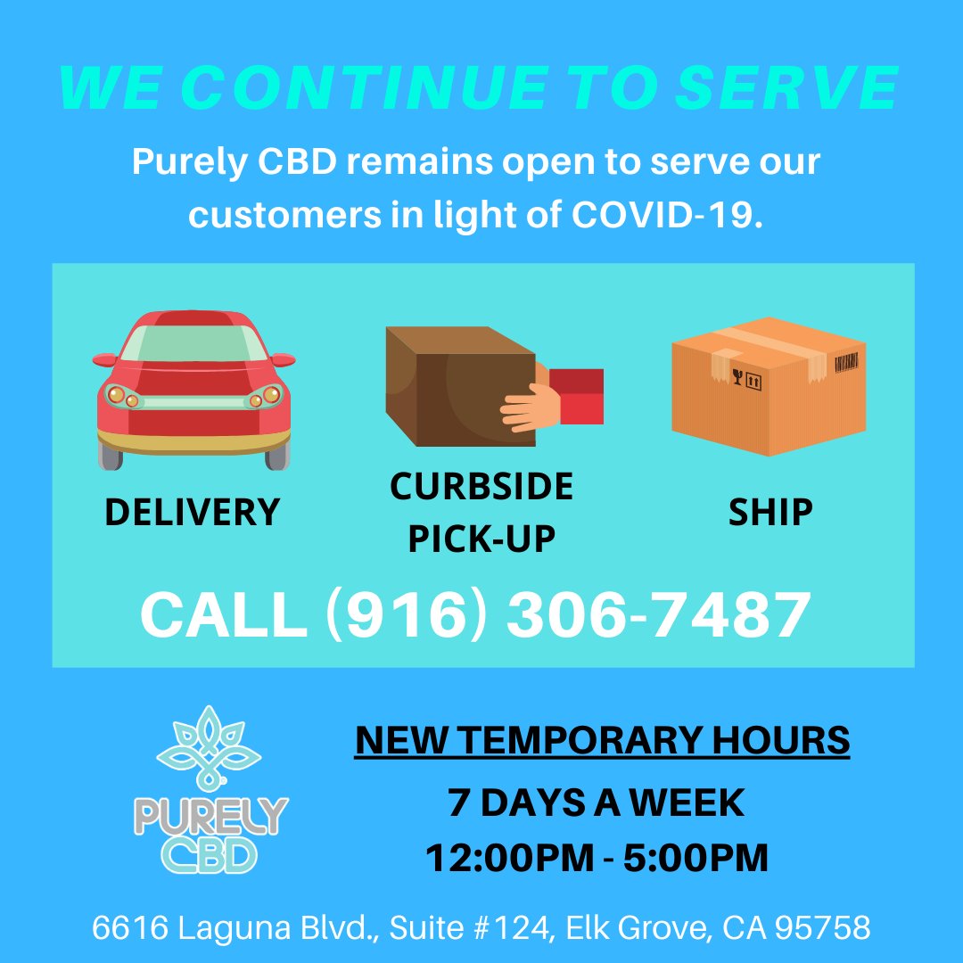 We have adjusted our hours, but we are open! If you would like delivery, curbside pick up or your products shipped to you, just give us a call. Stay safe out there! 💙
.
#CBD #elkgrove #elkgroveca #sacramento #weareopen